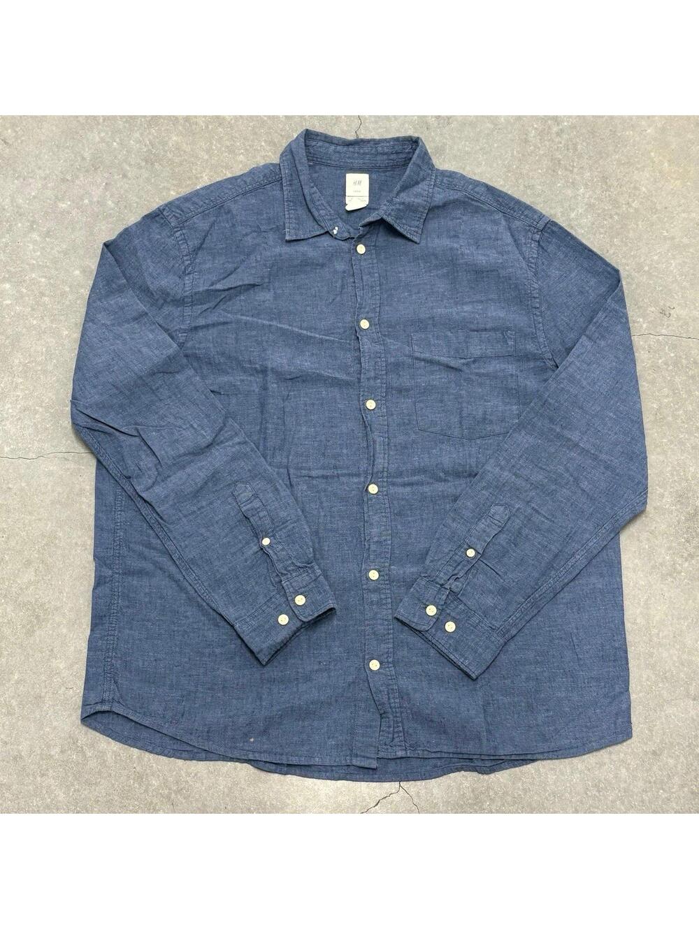 H&M Linen Blue Long Sleeve Shirt